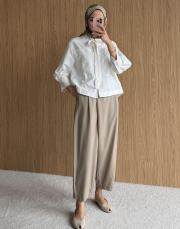 kruvaze kapama yüksek bel pantolon bej 2