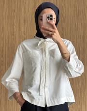 oval kesim bağcıklı gömlek kırık beyaz 2