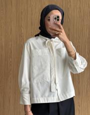 oval kesim bağcıklı gömlek kırık beyaz 3