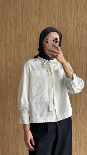 oval kesim bağcıklı gömlek kırık beyaz 4