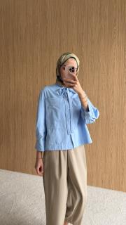 oval kesim bağcıklı gömlek mavi 2
