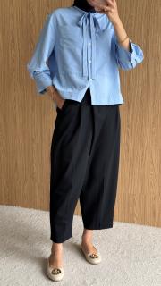 oval kesim bağcıklı gömlek mavi 3