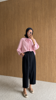 oval kesim bağcıklı gömlek pembe 7