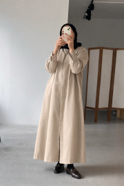 pamuk saten gömlek elbise bej 3