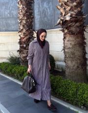 pamuk saten gömlek elbise çizgili kahve