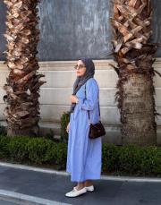 pamuk saten gömlek elbise çizgili mavi