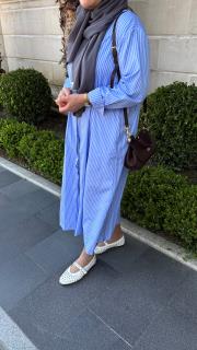 pamuk saten gömlek elbise çizgili mavi 2