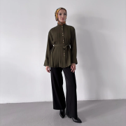 pile detaylı dökümlü gömlek haki