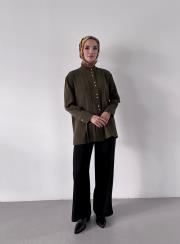 pile detaylı dökümlü gömlek haki 6