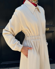 viscon büzgü detaylı elbise krem