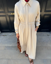 viscon büzgü detaylı elbise krem 2