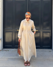 viscon büzgü detaylı elbise krem 3