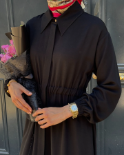 viscon büzgü detaylı elbise siyah