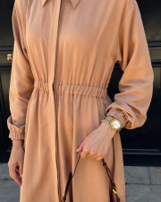 viscon büzgü detaylı elbise kavuniçi