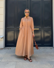 viscon büzgü detaylı elbise kavuniçi 2